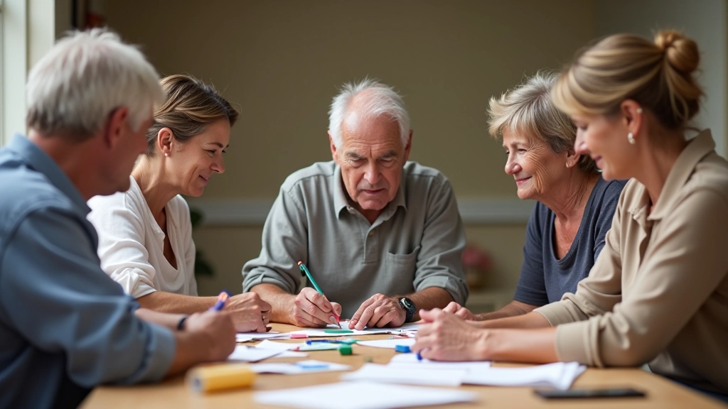 Small group of adults gathered around a table with art supplies and materials, engaged in a creative workshop activity