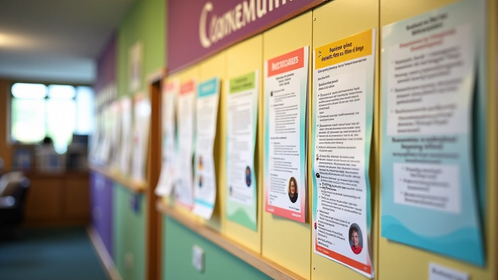 Community bulletin board with colorful notices and flyers for local events, classes, and group meetings