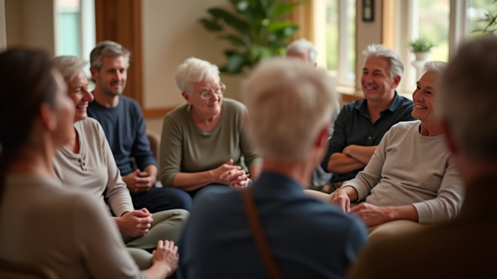 Group of diverse people aged 45 and older sitting together in circle, community gathering, positive interaction