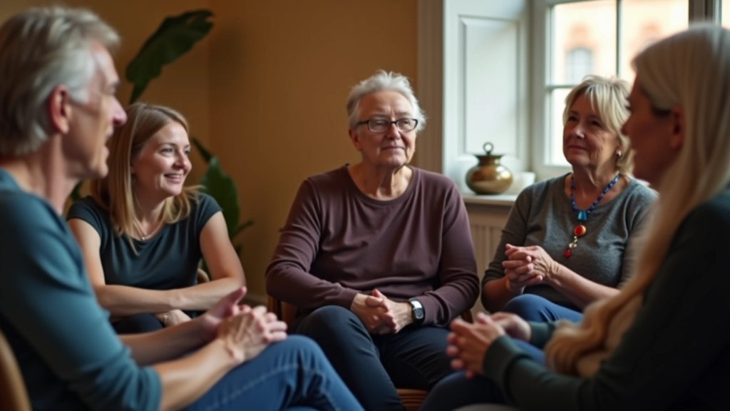 Group workshop environment with mature adults engaged in meaningful discussion