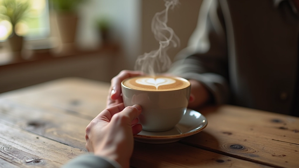 Hands holding warm cup of tea or coffee on wooden table, morning light from window, cozy home setting