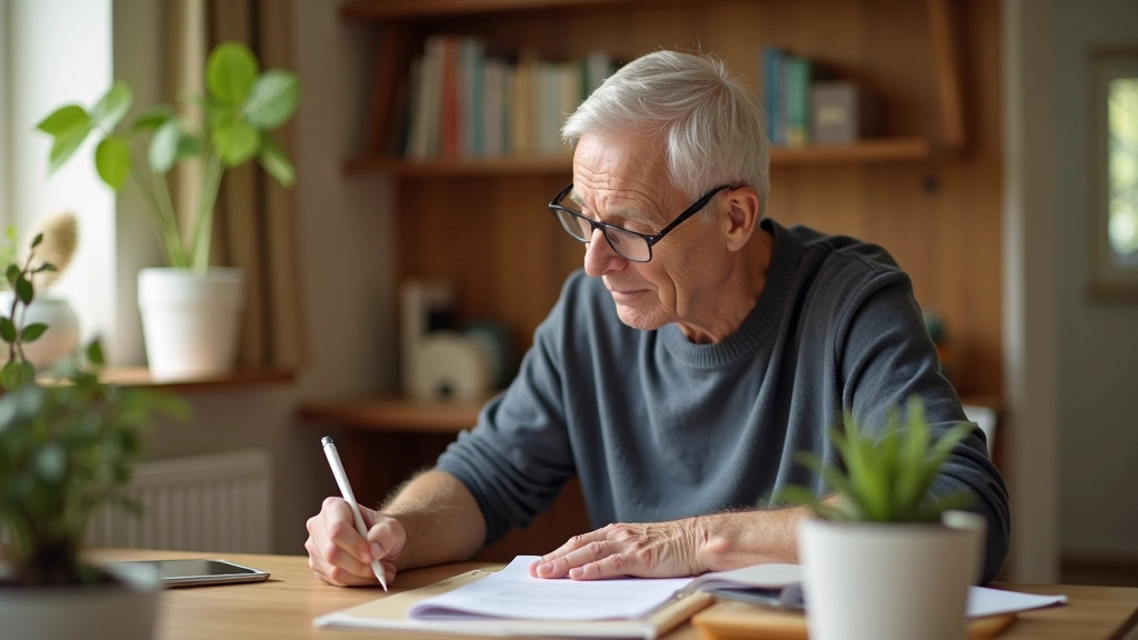 Person sitting at desk writing handwritten note with pen and stationery, warm home office lighting, focused moment