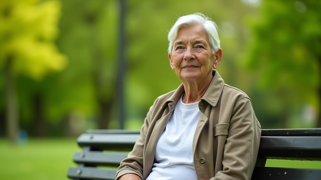 Person sitting outdoors on park bench in natural green setting, calm peaceful expression, trees and nature background