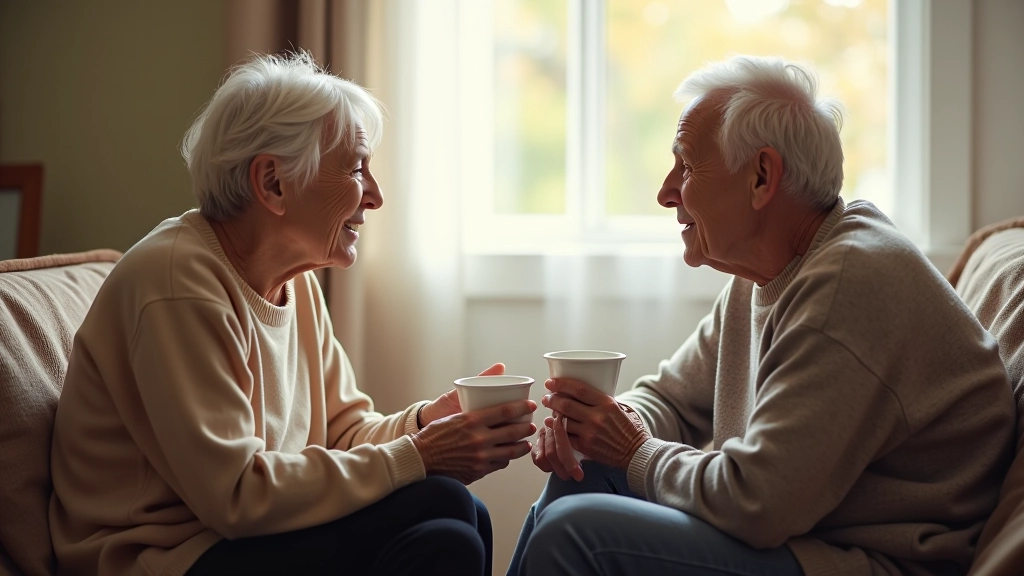 Two people sitting face-to-face in comfortable living room setting, having genuine conversation with coffee cups, natural home lighting