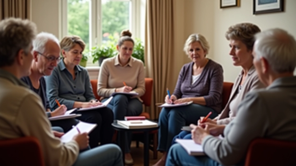 Workshop facilitator and participants sitting in a circle, engaged in discussion and note-taking, warm indoor setting with natural light